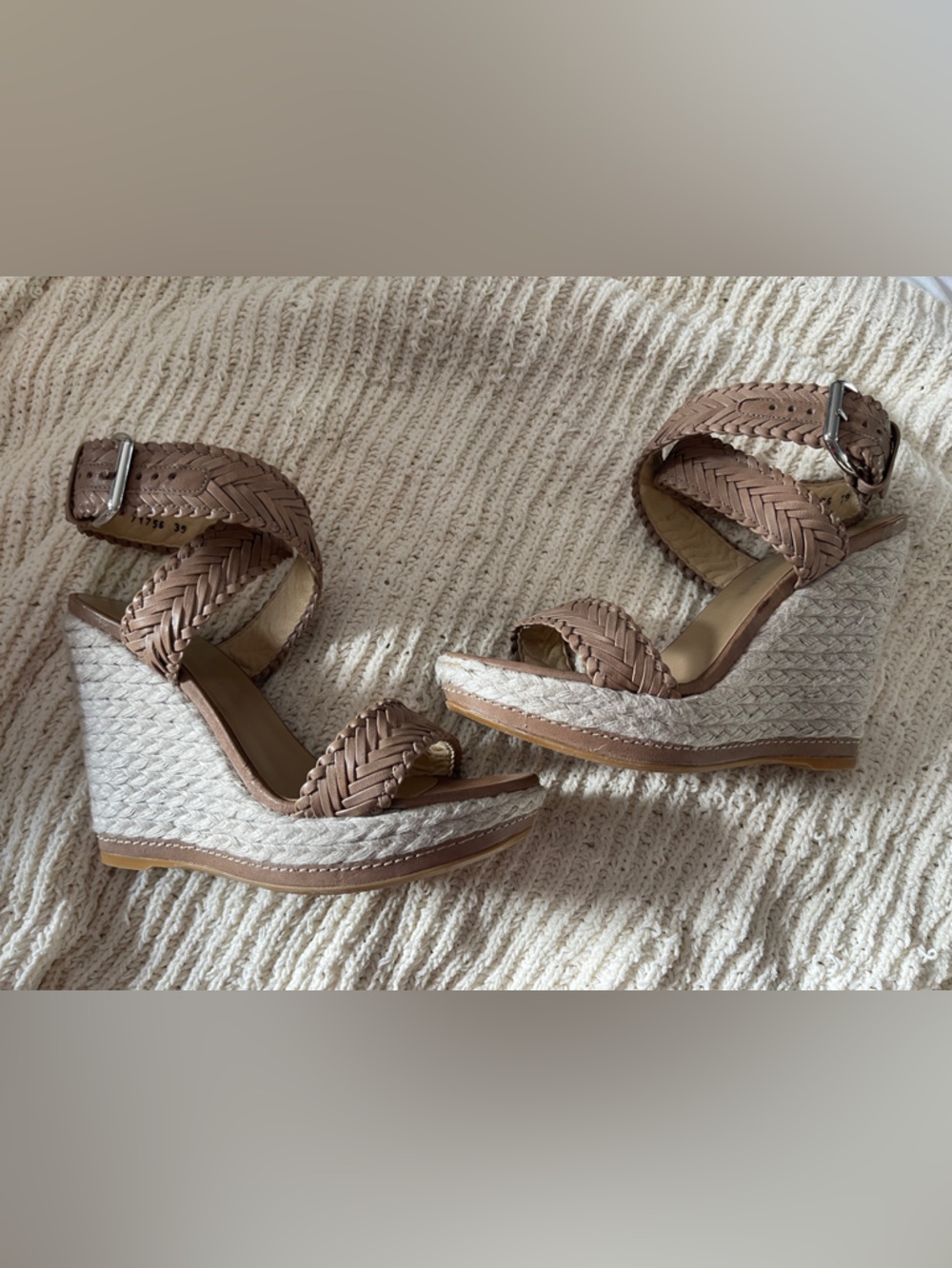 Stuart Weitzman Braided Ankle-Strap Wedge Sandals in Taupe and Ivory